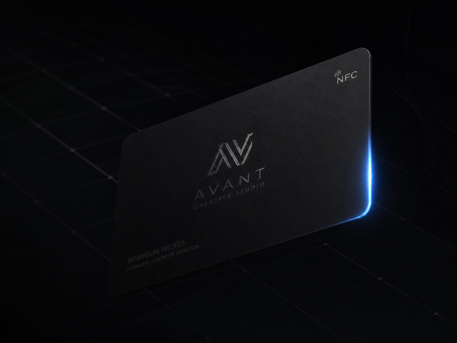 Matte black NFC business card with soft blue tap glow